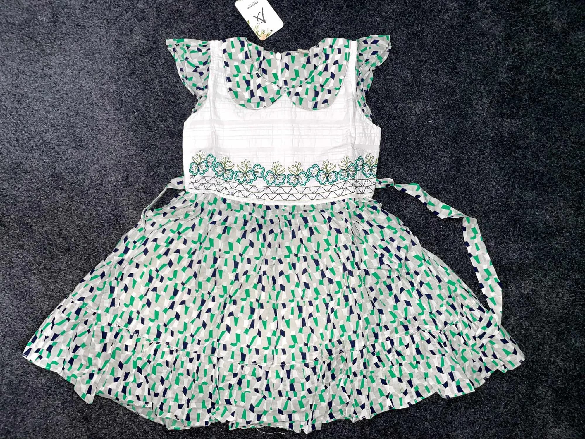 Stylish Green & White Printed Cotton Frock for Baby Girls (3-4 Years) - Elegant Waist Embroidered Dress