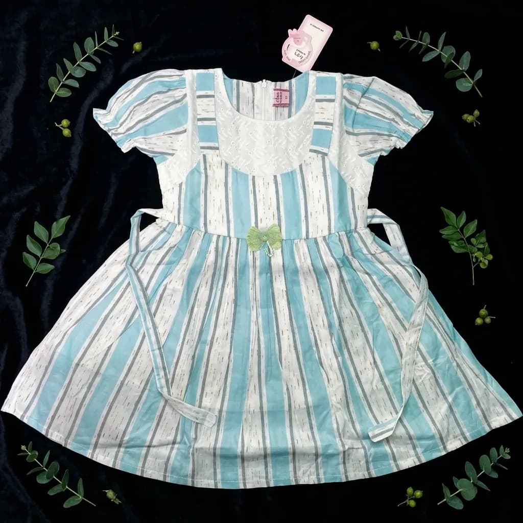 Cute Striped Cotton Frock Dress for Baby Girls (3-4 Years) - Light Blue